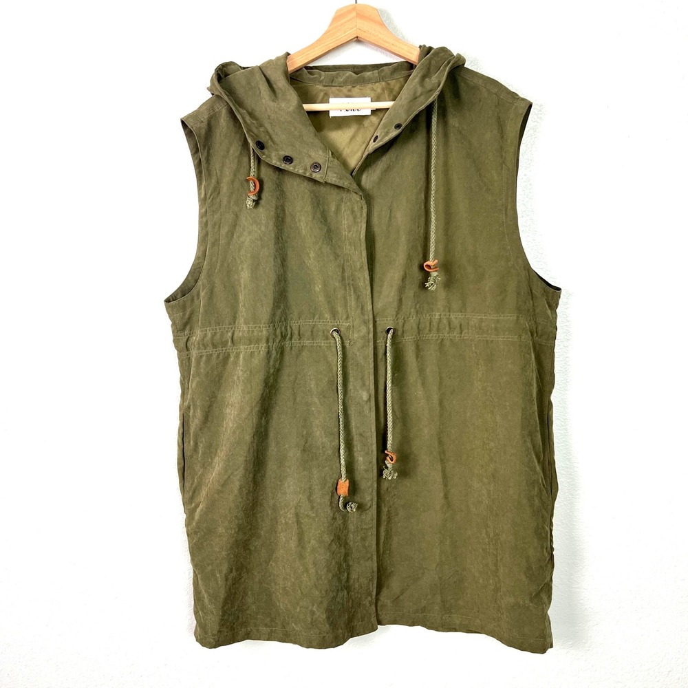 P.Cill Womens Olive Green Microsuede Tunic Vest Hooded Drawstring Waist Size S/M